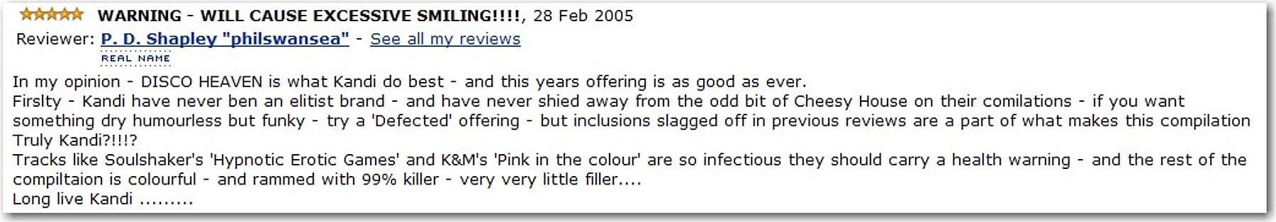 A five-star customer review of Hed Kandi Disco Heaven from February 2005 mentioning Hypnotic Erotic Games
