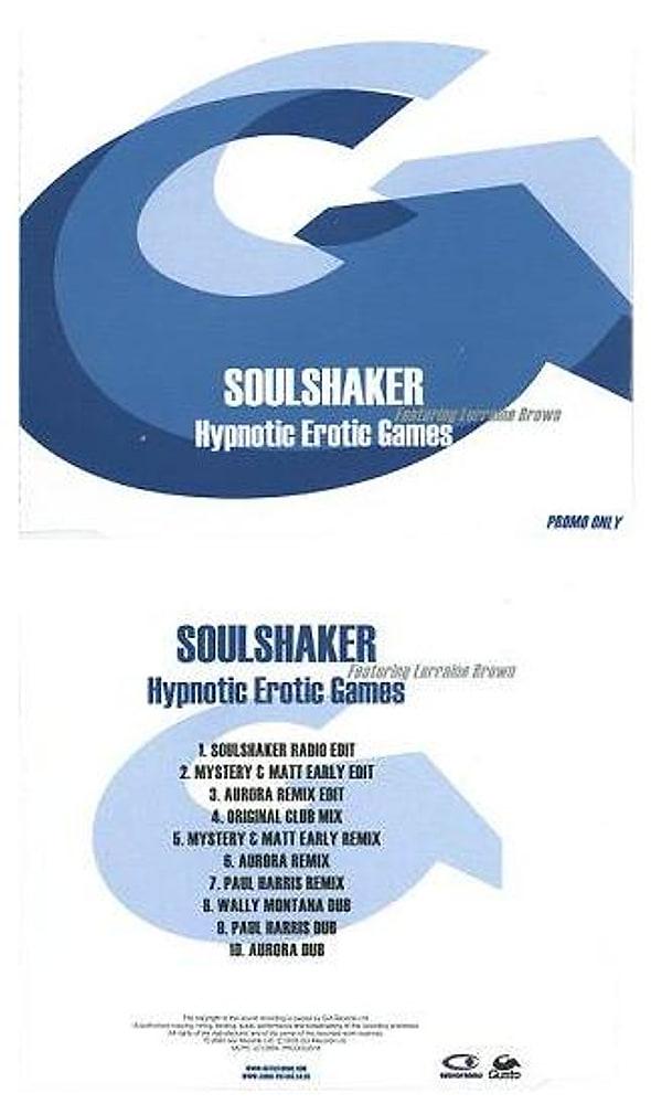 Promo sleeve for Soulshaker featuring Lorraine Brown, Hypnotic Erotic Games, listing ten mixes