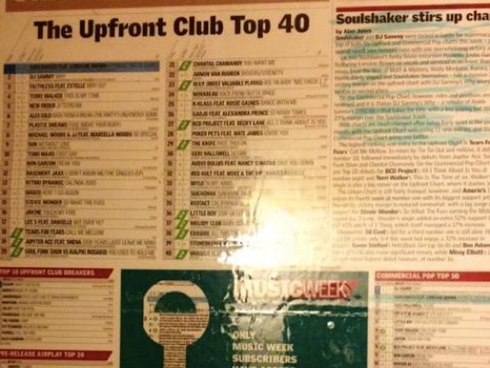 Music Week's Upfront Club Top 40 page with the headline 'Soulshaker stirs up charts'
