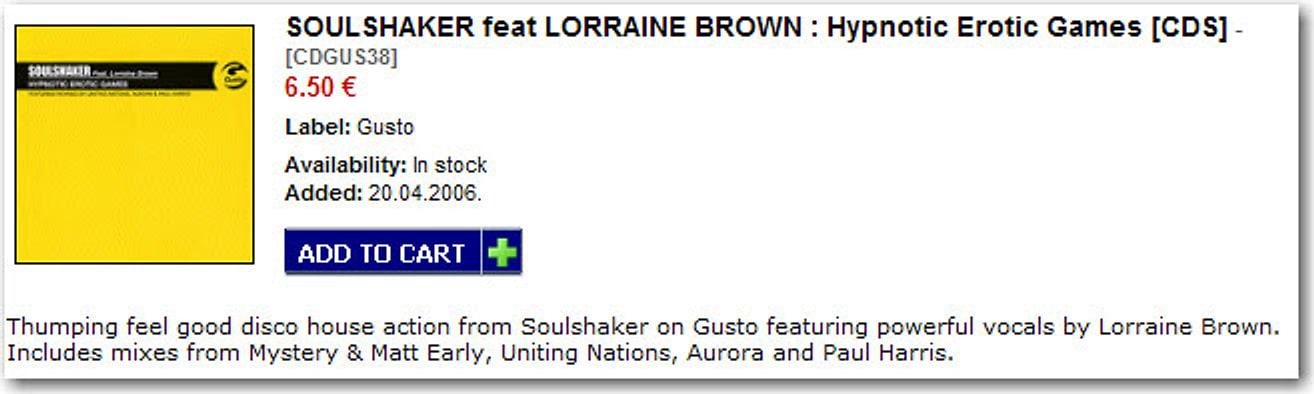 Online shop listing for Soulshaker feat Lorraine Brown, Hypnotic Erotic Games CD single on Gusto