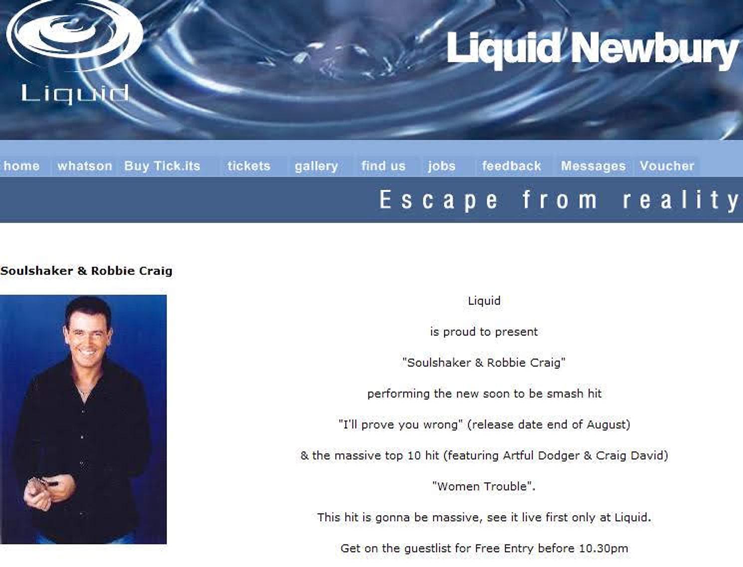 Liquid Newbury web page announcing Soulshaker & Robbie Craig live