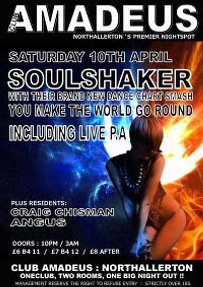 Flyer for Club Amadeus, Northallerton, Saturday 10 April: Soulshaker with live PA