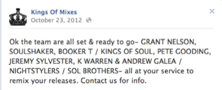 Kings of Mixes post from October 2012 listing its remix team including Soulshaker