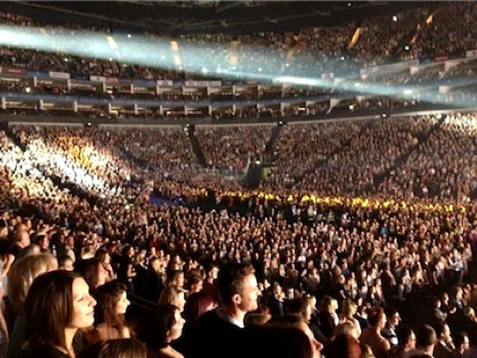 A packed arena crowd from the stage