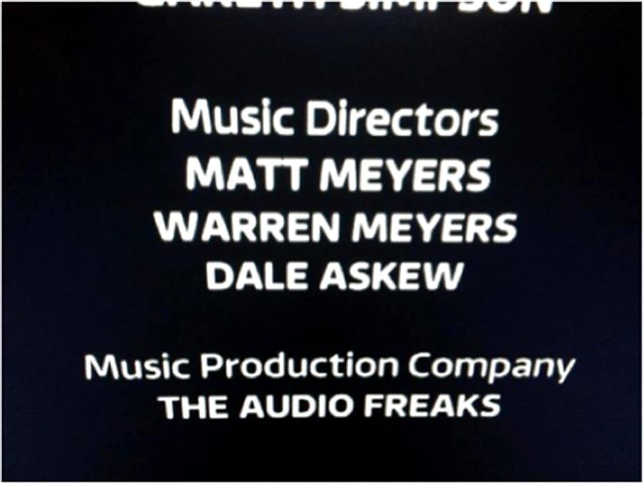 The Big Reunion end credits: Music Directors Matt Meyers, Warren Meyers, Dale Askew; Music Production Company The Audio Freaks