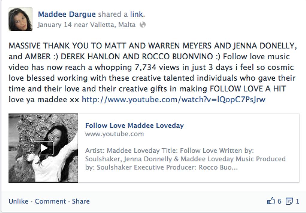 Maddee Dargue's post thanking Matt and Warren Meyers for Follow Love