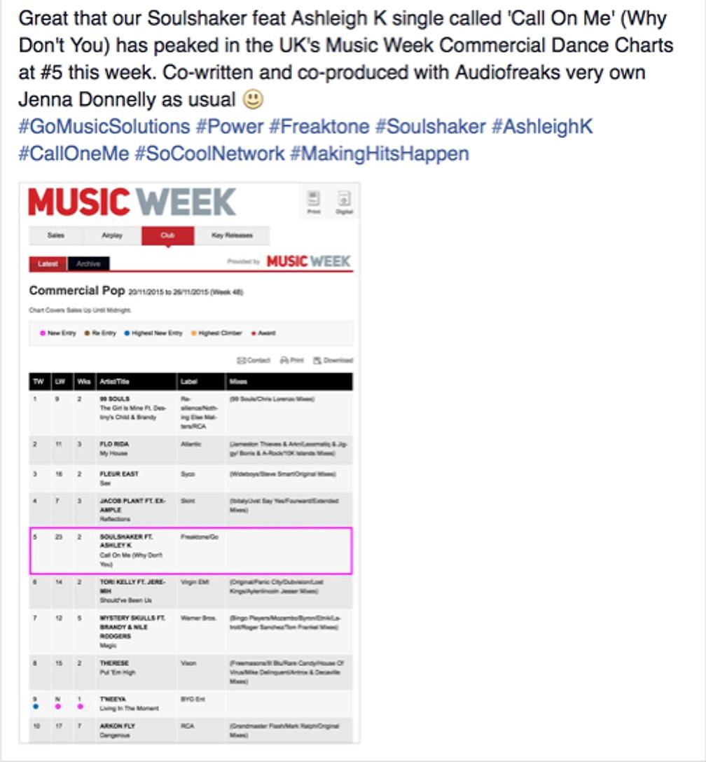 Post about Soulshaker feat Ashleigh K, Call On Me, peaking at number 5
