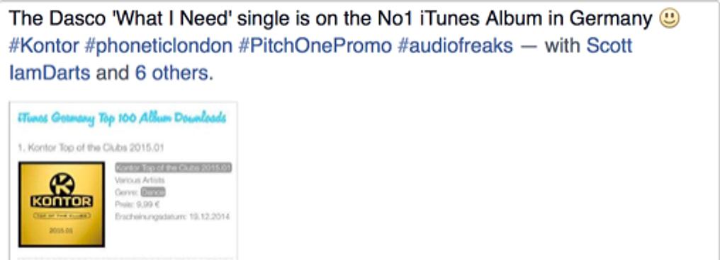 Post noting Dasco, What I Need, on the number 1 iTunes album in Germany