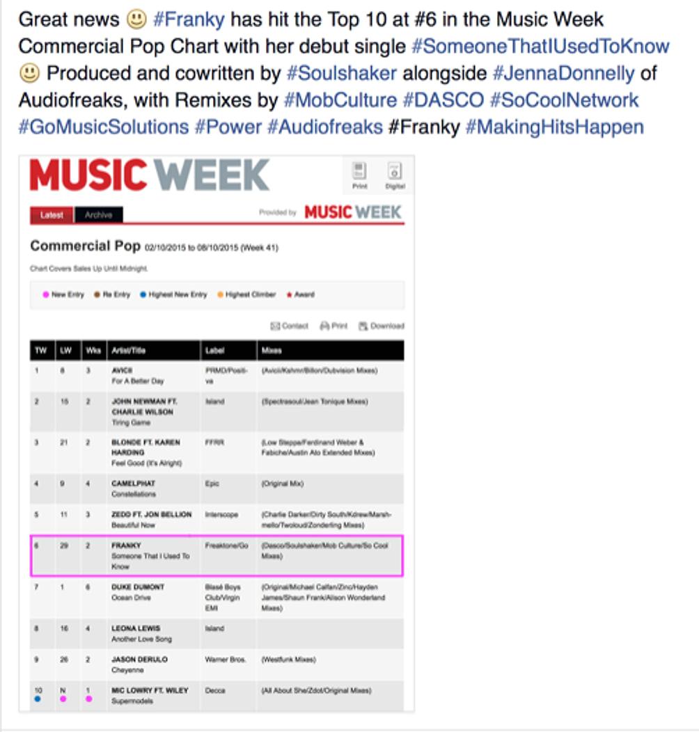Post about Franky hitting number 6 with her debut single