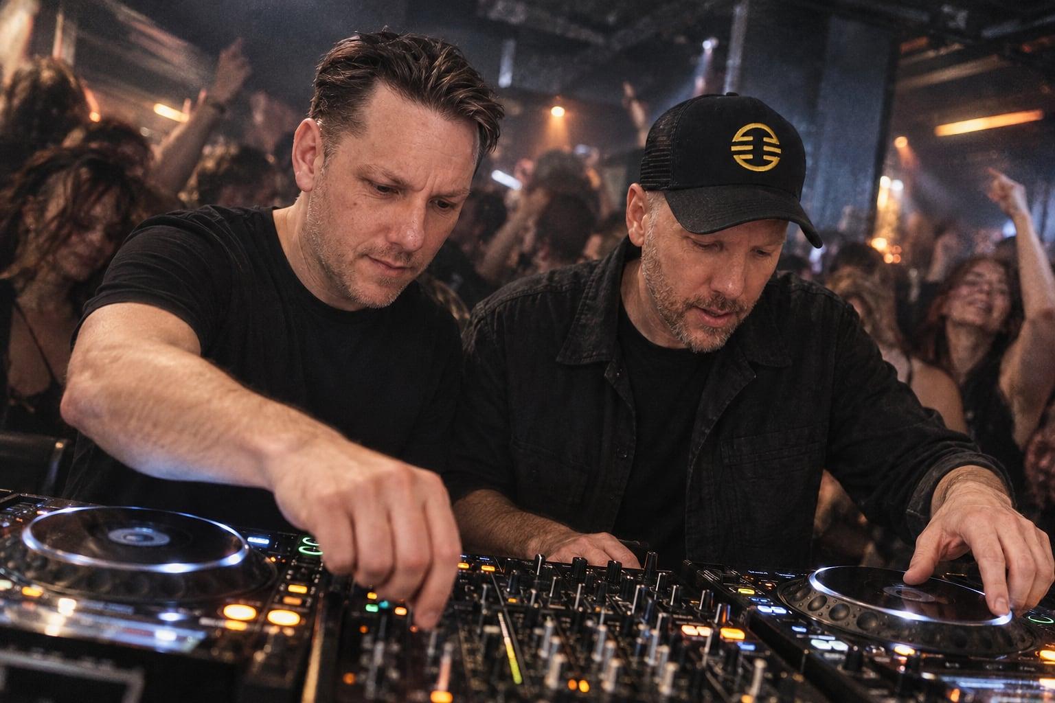 Matt and Warren behind the decks, the crowd going up behind them