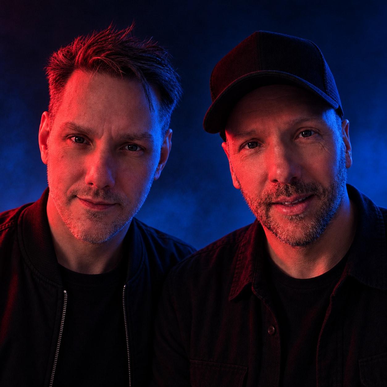 Matt and Warren Meyers of Soulshaker lit in red and blue