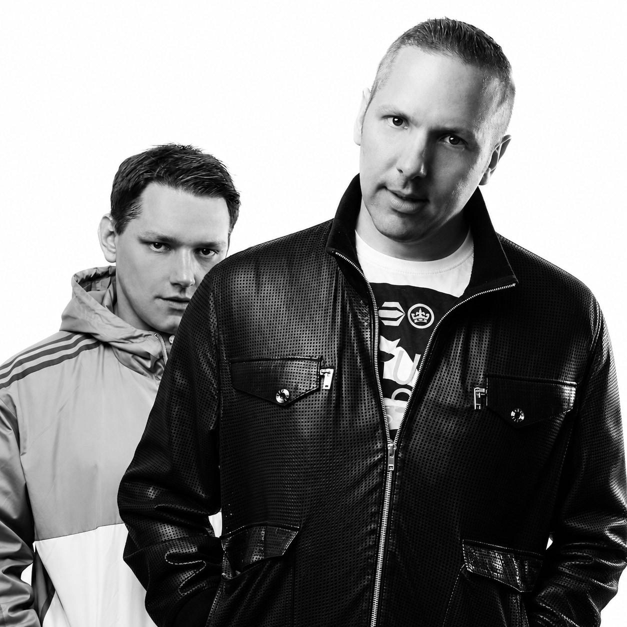 Matt and Warren Meyers of Soulshaker, black and white portrait on white